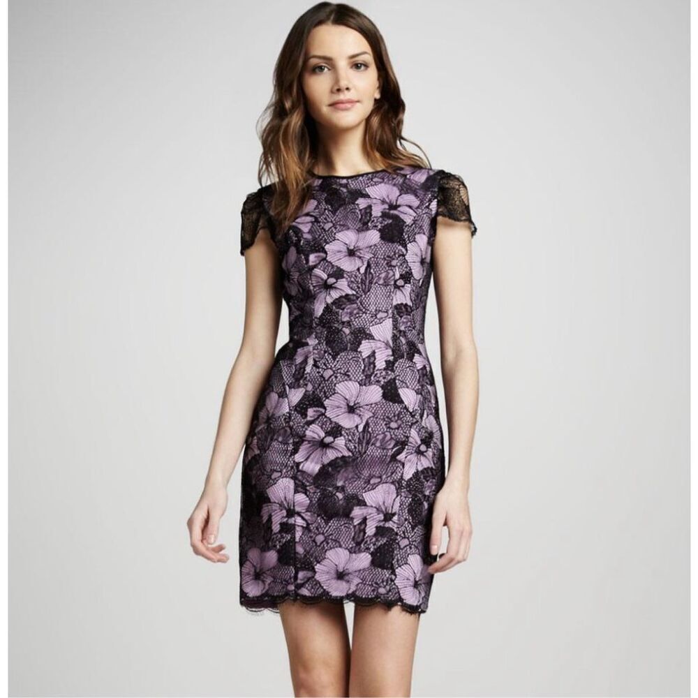L’Agence Floral Lace Cocktail Dress Black Lilac Cap Sleeve Size 8